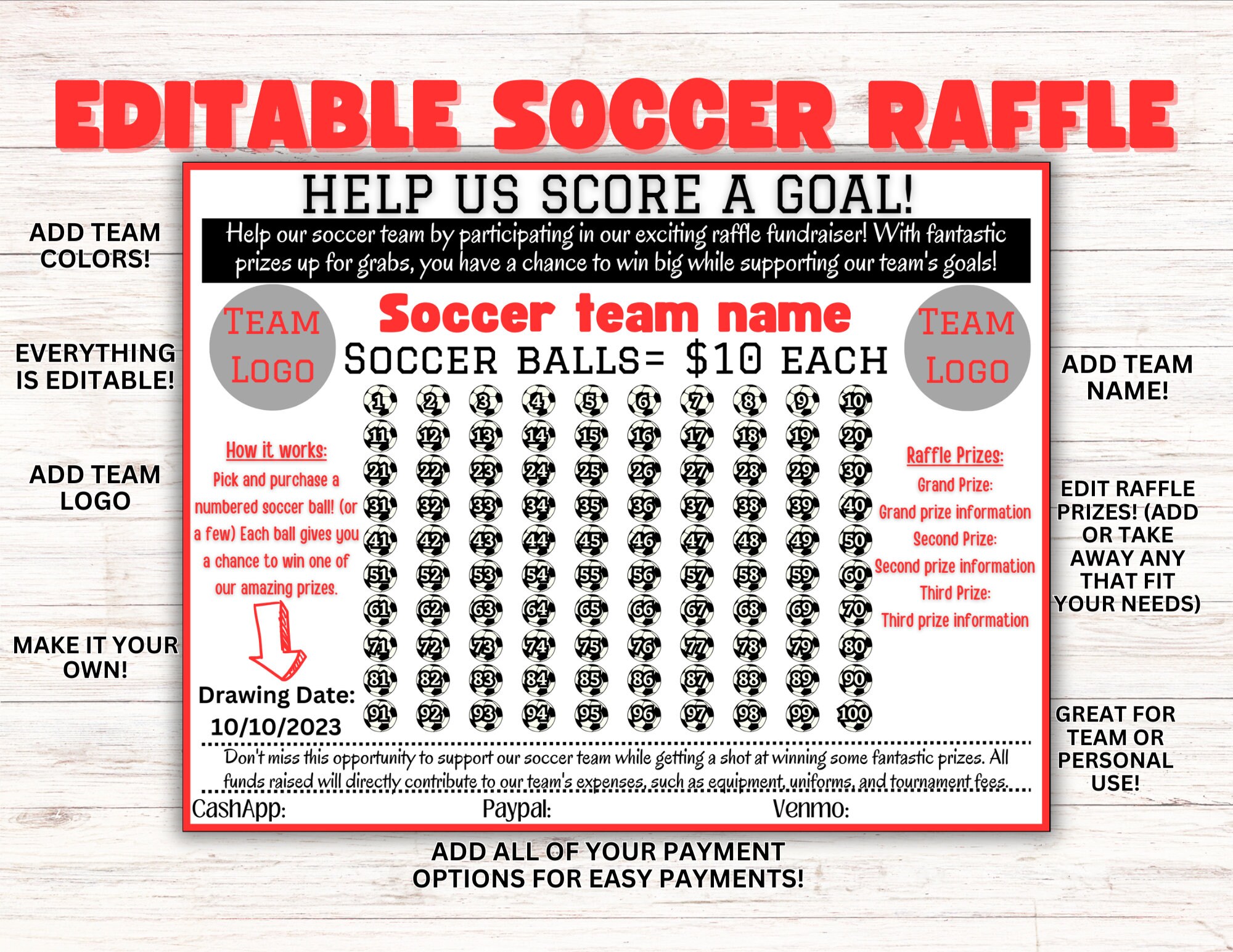 Soccer Editable Raffle, Soccer Fundraiser Template, Flyer, Soccer ...