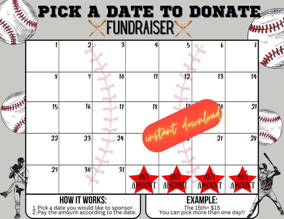 Baseball Pick a Date to Donate, Fundraiser, Pay the Date Calendar, Instant  Download, Printable, Raise Money - Etsy