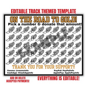 Editable Track fundraiser, pick a date to donate, pay the date, black out board, Help me win gold, track field fundraiser, cross country