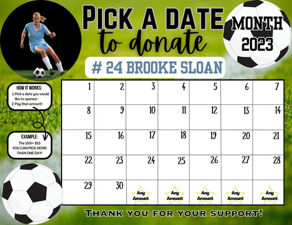 EDITABLE SOCCER Template, personalized pick a date to donate, Fundraiser Calendar, pay the date template custom soccer template