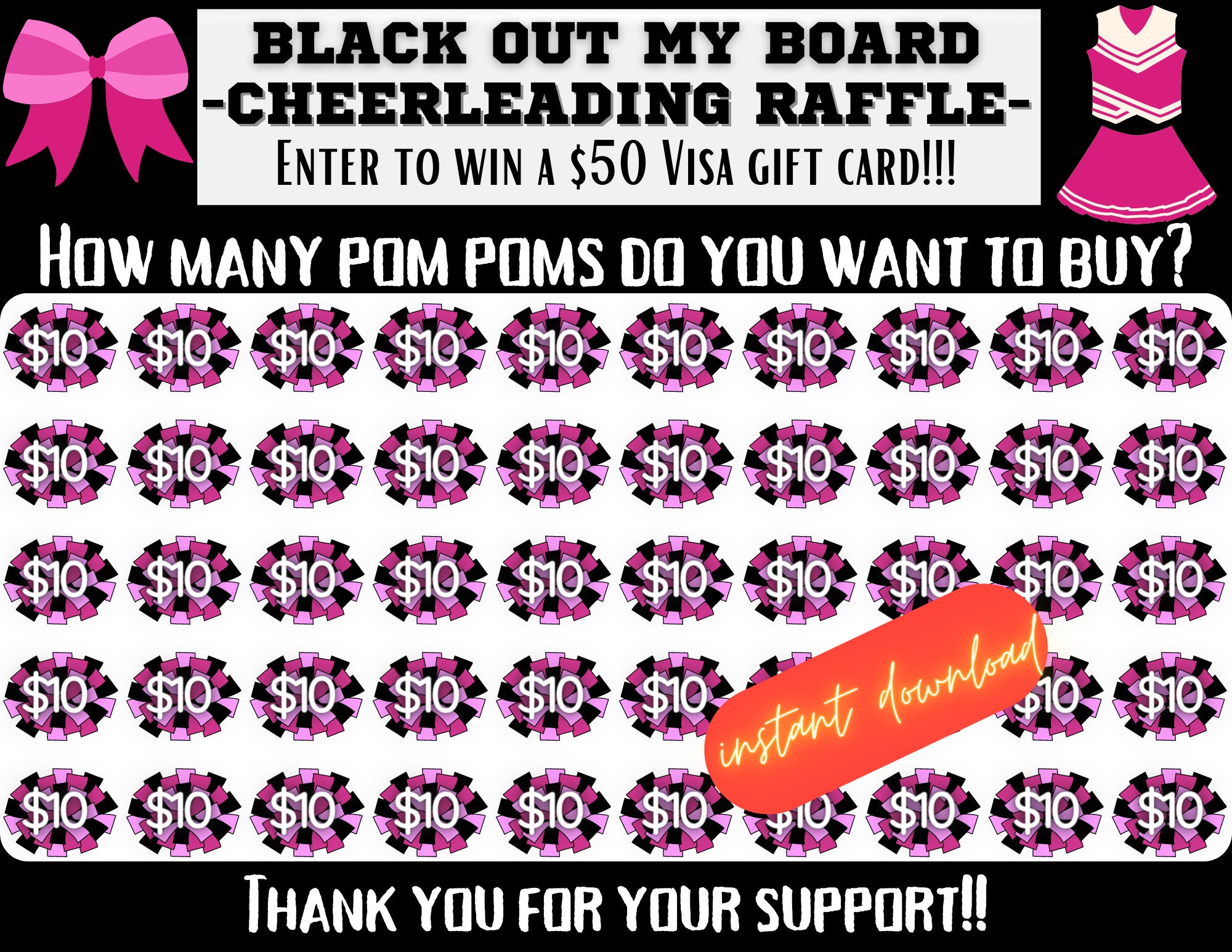 Team Girl Raffle Cheer Raffle, Pink Black Out My Board, Pick a Date to Donate Fundraiser ...