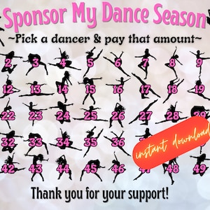 DANCE calendar fundraiser, 50 Sponsor my season, pick a date to donate, Fundraiser, pay the date, dance fundraiser, dance comp sponsor