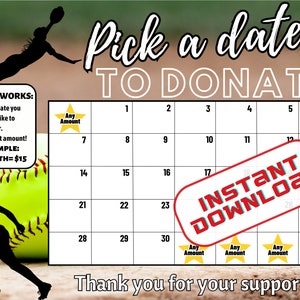 Softball scegli una data per donare, calendario della raccolta fondi di softball, paga la data, calendario, raccolta fondi di softball di 30 giorni con qualsiasi importo