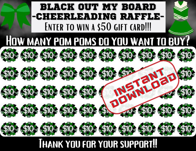 Cheer Raffle, Green Black Out My Board, Pick a Date to Donate ...