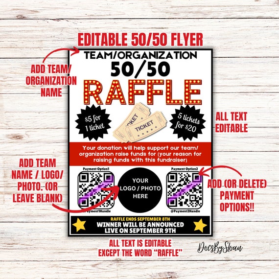 EDITABLE 50/50 flyer Template Fundraiser, ticket Instant access to template, template, baseball organization softball cheer dance soccer
