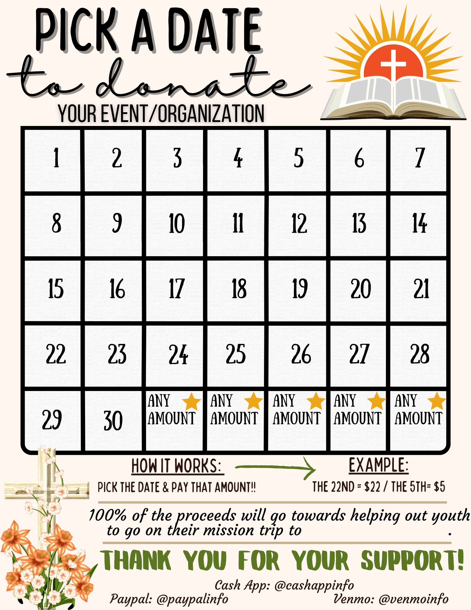 EDITABLE Church Pick a Date Fundraiser Calendar Sponsor a Date Easter,  Fundraise Calendar, Mission Trip, Church Fundraiser, Youth Group - Etsy