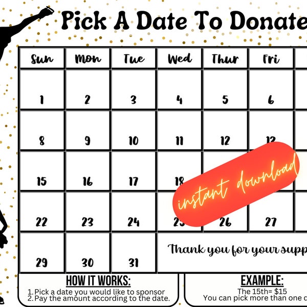 Figure Skater pick a date to donate,INSTANT DOWNLOAD, Fundraiser, pay the date, ice skater fundraiser,