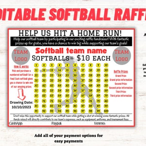 Softball editable raffle, softball fundraiser template, flyer, softball fundraiser, pick a date to donate, pay the date, softball calendar