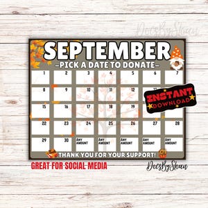 September pick a date to donate, All purpose, pay the date, fundraiser calendar, Fall themed fundraiser calendar, Fundraiser calendar, Fall