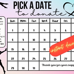 Gymnastics pick a date to donate, INSTANT DOWNLOAD, Fundraiser, pay the date, gymnastics fundraiser,