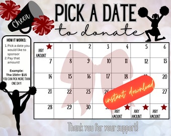 Cheer maroon / burgundy pick a date to donate,  Fundraiser calendar, pay the date, cash calendar, Cheerleading fundraiser, 31 days