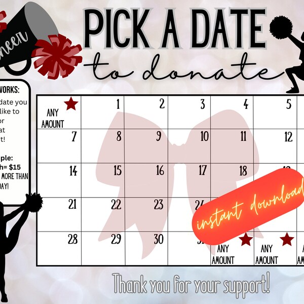 Cheer maroon / burgundy pick a date to donate,  Fundraiser calendar, pay the date, cash calendar, Cheerleading fundraiser, 31 days