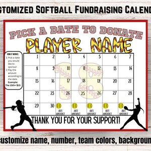 Custom Softball Pick a Date to Donate Fundraiser, Fundraiser calendar, custom fundraiser calendar, softball