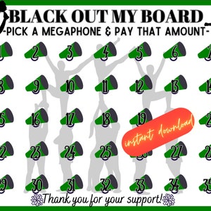 Cheer, green black out my board, pick a date to donate, pay the date, cheerleading fundraiser, sponsor my season fundraiser, cheer