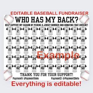 May include: Editable baseball fundraiser template with a grid of 50 baseball jerseys numbered 1-50. The text "Who Has My Back?" is at the top of the grid. The text "Help support my season by picking a jersey number and donating that amount!" is below the title. The text "Thank you for your support!" is below the grid. The text "Payment1: $Payment1info" and "Payment2: @Payment2info" are below the thank you message. The text "Everything is editable!" is at the bottom of the template.