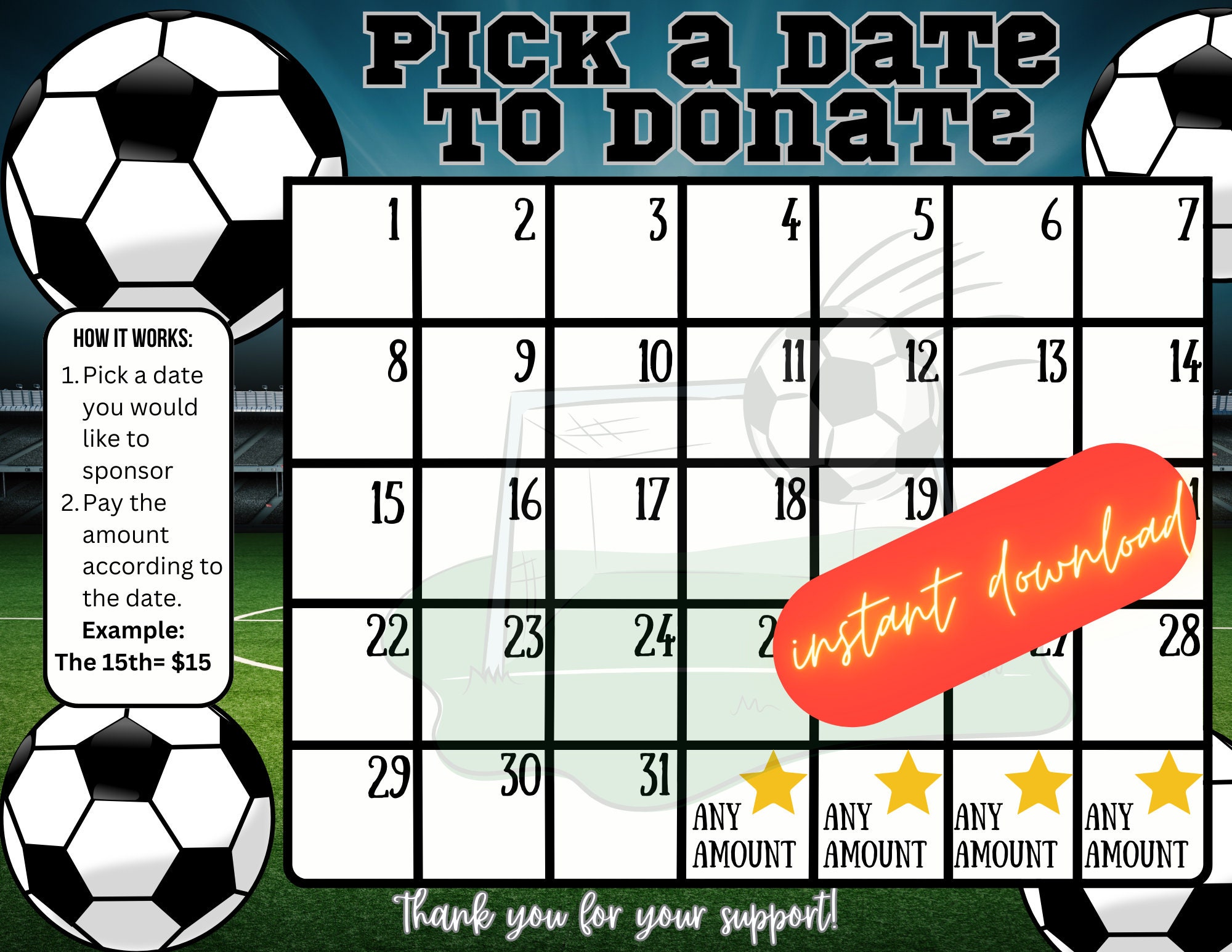 Editable Pick A Date To Donate Soccer Fundraiser Calendar 