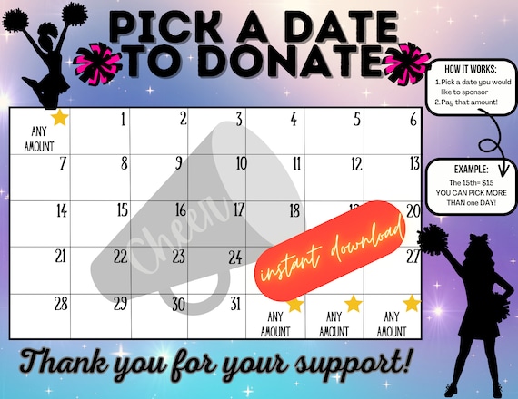 Cheer Pick a Date to Donate, Fundraiser Calendar, Pay the Date, Cash  Calendar, Cheerleading Fundraiser 2023, Cheer Fundraiser - Etsy Norway