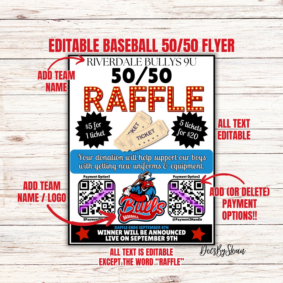 EDITABLE Baseball 50/50 Flyer Template, Baseball Fundraiser, Fundraiser ...