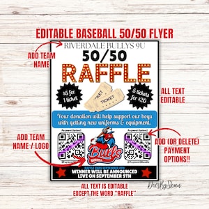 EDITABLE Baseball 50/50 flyer Template, baseball fundraiser, Fundraiser, ticket Instant access to template, custom baseball template