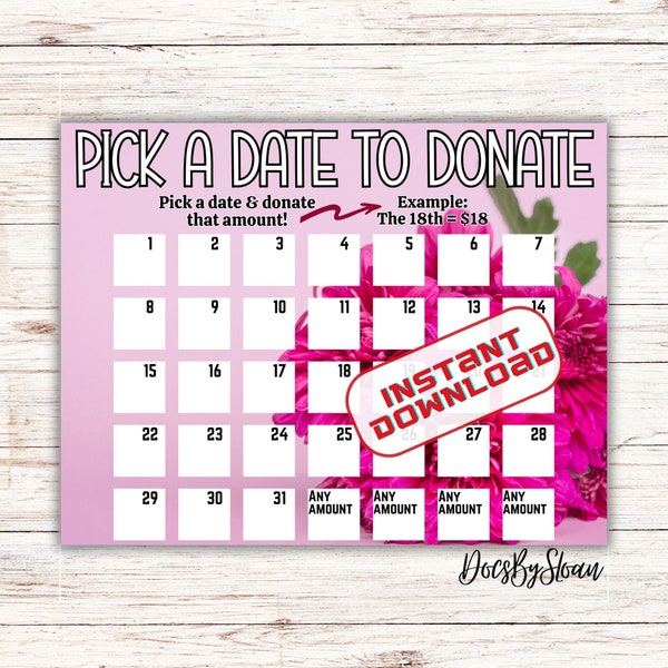 Pick a date to donate, All purpose, pay the date, Spring fundraiser calendar Mothers day themed fundraiser calendar, Fundraiser, pink,