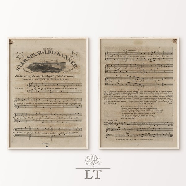 Star Spangled Banner Music Sheets, Two Page Music print, Vintage National Anthem Prints, Patriotic Printable, Digital Download