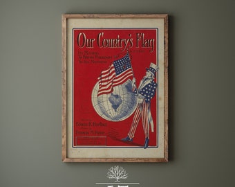 Vintage patriottische lied cover art, de vlag van ons land, antieke Americana afdrukbare, vintage patriottische kunst aan de muur, afdrukbare 4 juli decor