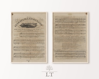 Star Spangled Banner Music Sheets, Two Page Music print, Vintage National Anthem Prints, Patriotic Printable, Digital Download