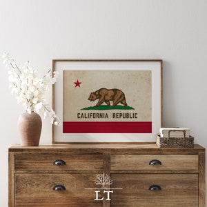 Decoración de pared imprimible con bandera del estado de California vintage para impresión de bandera de CA Bandera del oso dorado Arte de regalo de California Bandera imprimible Lámina artística