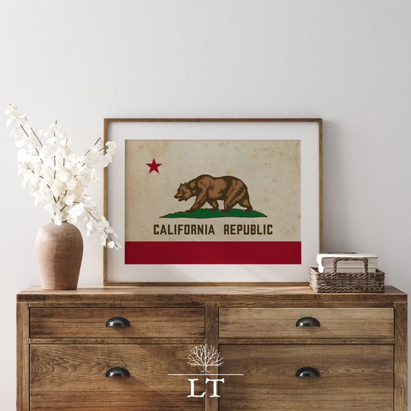 Vintage California State Flag Printable Wall Decor for CA Flag Print Golden Bear Flag Californian Gift Art Printable flag Art Print