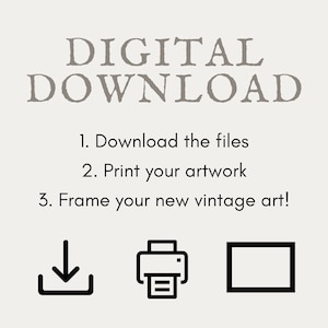 May include: A beige graphic with the words "DIGITAL DOWNLOAD" in a vintage font. Below, instructions read: "1. Download the files, 2. Print your artwork, 3. Frame your new vintage art!" with corresponding icons.