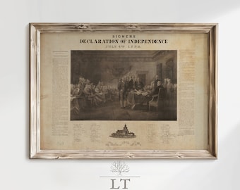 May include: A framed print of a historical painting depicting the signing of the Declaration of Independence on July 4th, 1776. The print features a group of men in formal attire gathered around a table, with the text of the Declaration visible in the background.