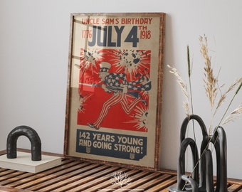 Vintage Unabhängigkeitstag druckbar, Uncle Sams Geburtstag 4. Juli 1918, Bunt Amerikanisch, Buntstiftt, Buntstifte, Buntstifte