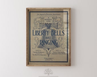 Vintage Americana Patriotische Wandkunstdrucke, Die Freiheitsglocken läuten Vaterländische druckbare Kunst, Vintage patriotischer Druck, patriotische Kunst