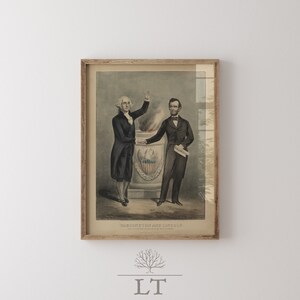 May include: A framed vintage print of George Washington and Abraham Lincoln standing together. The print is in a wooden frame and has a faded, antique look. The text below the image reads "Washington and Lincoln, The Fathers of the Republic, and the Saviors of our Country."