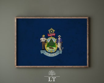 Maine State Flag Vintage Printable Art, Maine State Flag Print, Vintage State Flags, Maine Printable wall Decor, Maine Gift Idea