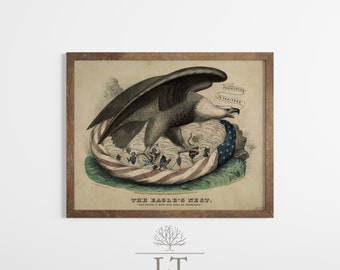 May include: A vintage political cartoon depicting an eagle perched on a nest of American flags, with the text "Annihilation to Traitors" and "The Eagle's Nest" visible. The cartoon is framed in a brown wood frame.
