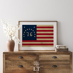 Vintage American Flag Printable, Bennington Flag, 76 American Flag print, Vintage style patriotic art, 1776 July 4th Independence Day art