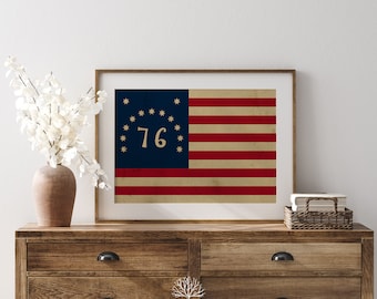 Bandera estadounidense vintage para imprimir, bandera de Bennington, impresión de la bandera estadounidense de 1776, arte patriótico de estilo vintage, arte del Día de la Independencia del 4 de julio de 1776