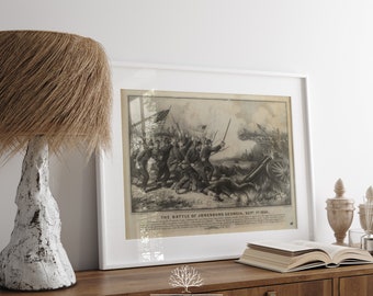 May include: A framed black and white print depicting a historical battle scene. The print is titled "The Battle of Jonesboro, Georgia, Sept 1, 1864".