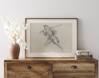 May include: A framed black and white drawing of a soldier in a military uniform holding a rifle, hanging on a white wall above a wooden dresser with two drawers.