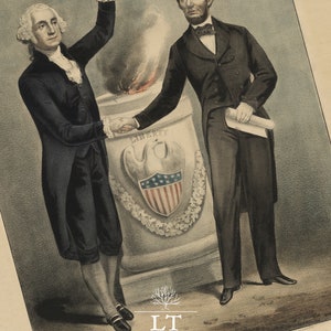 May include: A black and white historical illustration of two men shaking hands in front of a stone monument with the word "LIBERTY" and an eagle with an American flag shield. The men are wearing formal attire.