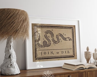 Join or Die Flag Vintage Patriotic Art Print by Benjamin Franklin American Rattlesnake Unite or Die Political Cartoon US History Printable