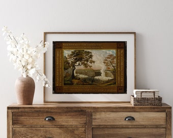 May include: A vintage illustration of Niagara Falls, with a caption that reads "Above yon falls with a astonished eye, Turn thou beholder, opening wonders lie." The illustration is framed in a brown wood frame.