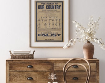May include: A vintage-style poster with a blue and white design. The poster reads "The Father of Our Country" and "Enlist". The poster features a series of illustrations of soldiers in various poses.