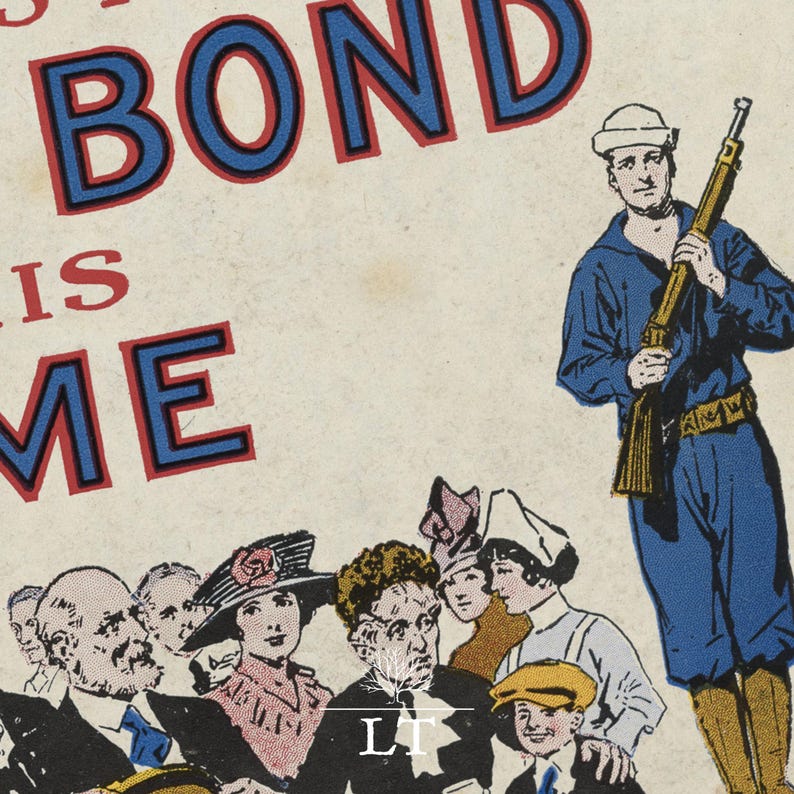 May include: Vintage poster with the words "BOND IS ME" in red and blue lettering. An illustration of a sailor in blue uniform holding a rifle is on the right. A crowd of people in vintage clothing is at the bottom.