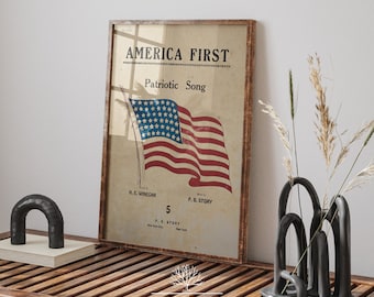 Amerika eerste vintage patriottische afdrukbare, vintage patriottische print, 4 juli, vintage Amerikaanse onafhankelijkheidsdag decor, patriottische muziek