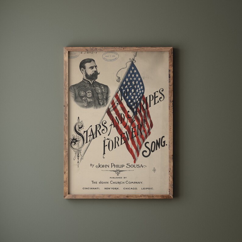 Omslagsbild av vintagemusik | Stjärnor och ränder för alltid | Patriotisk väggkonst | Dekoration för musikrum | Digital nedladdning bild 3