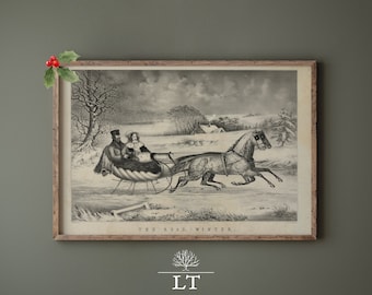 May include: A black and white vintage illustration of a horse-drawn sleigh with a couple inside. The sleigh is traveling through a snowy landscape with trees and houses in the background. The text "THE ROAD - WINTER." is at the bottom of the image.