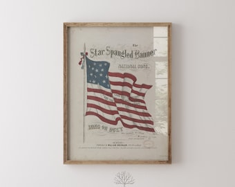 Vintage Star Spangled Banner omslagsbild, vår nationalsång, patriotisk utskrivbar konst, vintage Americana. Amerikansk flagga väggkonst, vintage USA