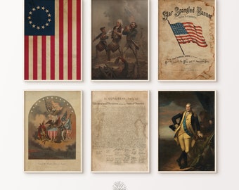 Zestaw galerii z okazji wojny o niepodległość, Vintage 4 lipca, wydruk patriotyczny na Dzień Niepodległości, Vintage Americana, wydruk sztuki patriotycznej
